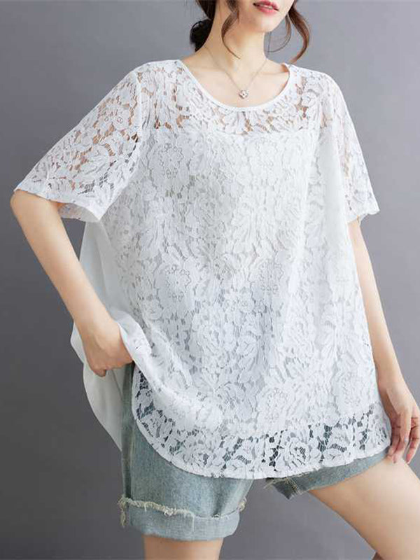 Hollow Solid Color Split-Back Split-Joint Loose Plus Size Round-Neck T-Shirts Tops