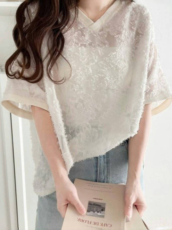 Mesh Solid Color Split-Side Half Sleeves Loose V-Neck Blouses&Shirts Tops