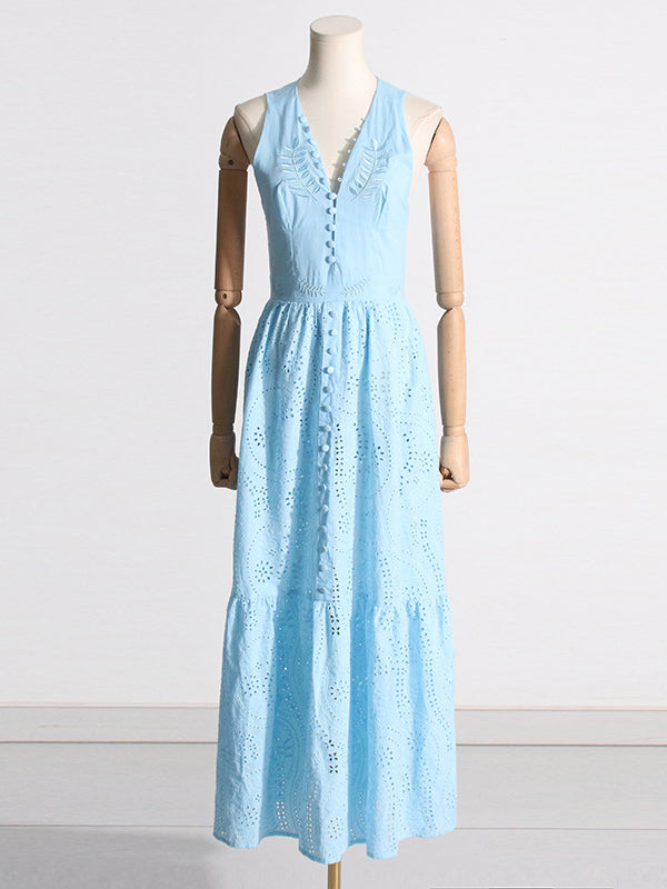 Buttoned Crochet Embroidered Hollow Solid Color Zipper High Waisted Sleeveless Deep V-Neck Maxi Dresses