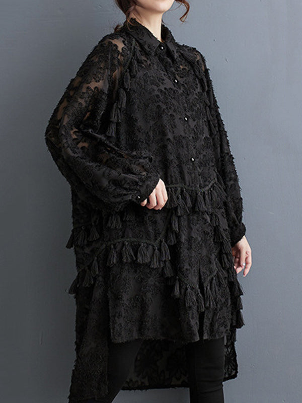 Buttoned Flower Print Solid Color Split-Joint Split-side Tasseled A-line High-low Lapel Midi Dresses