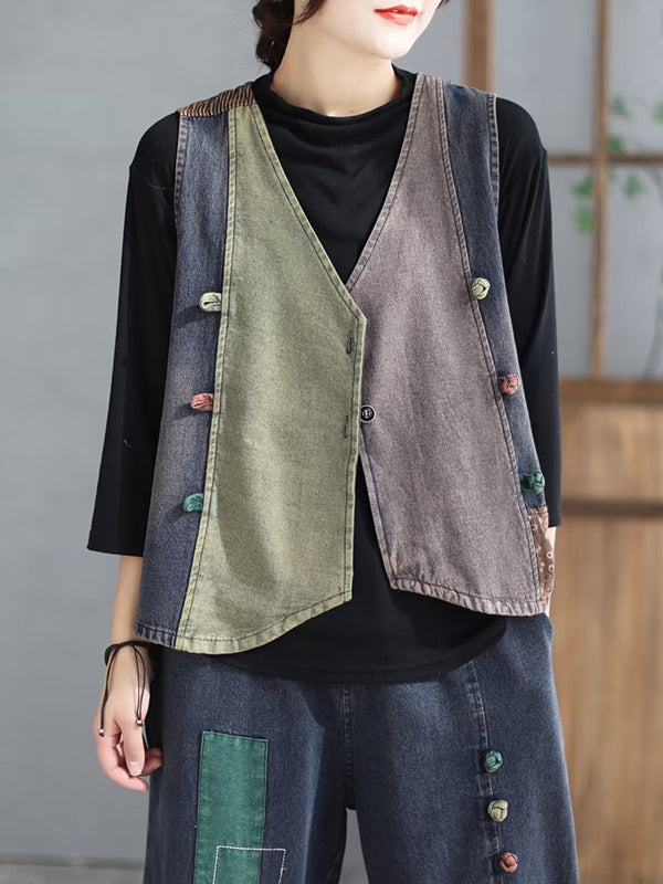 Loose Split-Joint V-Neck Vest Top + Jean Harem Pants Bottoms  Two Pieces Set