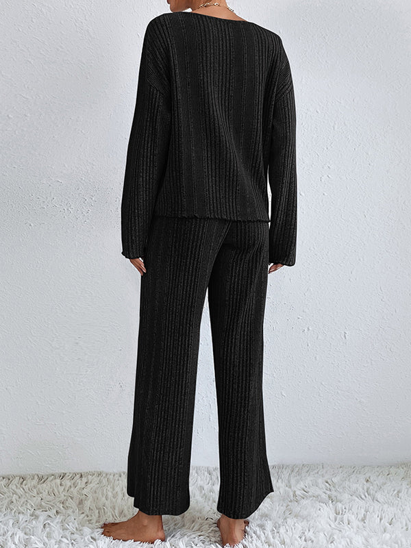 Solid Color Long Sleeves Loose V-Neck Shirt Top + Pants Bottom Pajama Sets