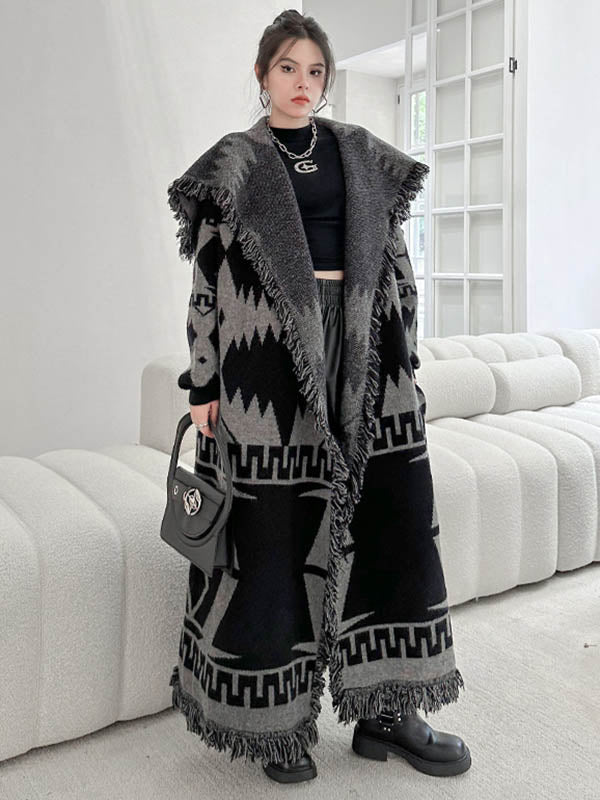 Contrast Color Geometric Split-Joint Tasseled Long Sleeves Loose Lapel Overcoat Outerwear
