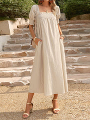 Pleated Solid Color Bishop Sleeve Loose Square-neck Midi Dresses