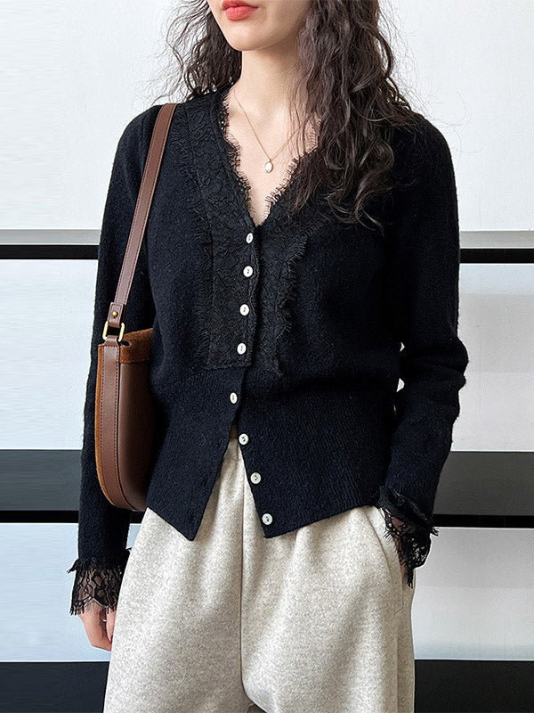 Buttoned Split-Joint Long Sleeves V-Neck Cardigan Tops