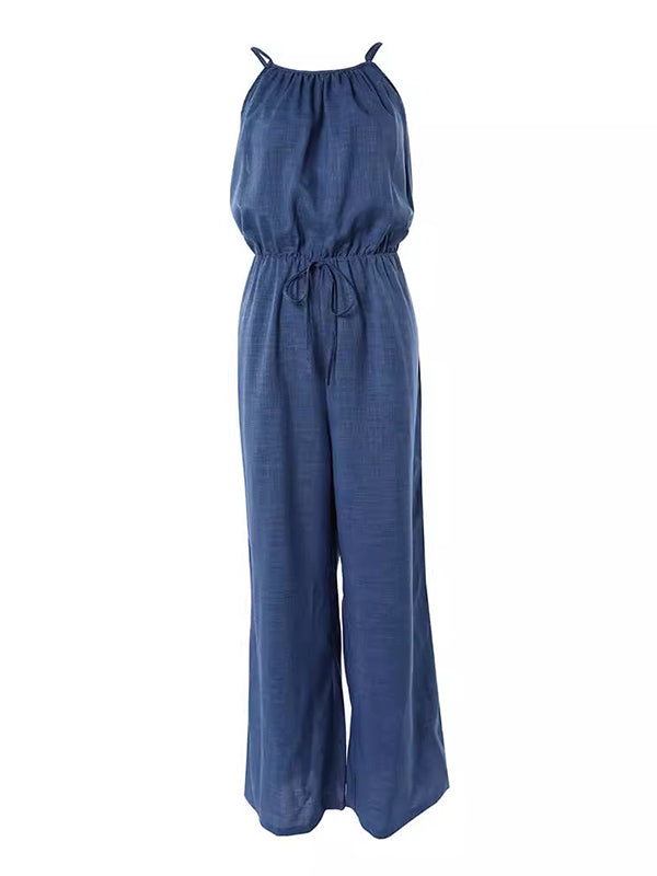 Drawstring Elasticity Solid Color Loose Sleeveless Spaghetti-Neck Jumpsuits