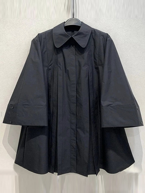 Buttoned Pleated Solid Color Long Sleeves Lapel Shirt Dress Midi Dresses