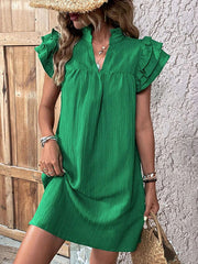 Solid Color Split-Joint Triple Layered A-Line Loose V-Neck Mini Dresses