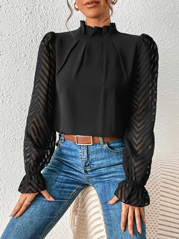 Elasticity Mesh Pleated Solid Color Long Sleeves Loose Mock Neck Blouses&Shirts Tops