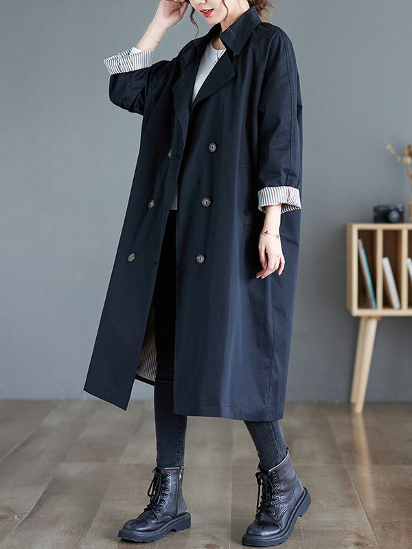 Buttoned Pockets Long Sleeves Loose Notched Collar Trench Coats