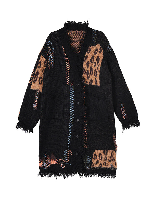 Asymmetric Buttoned Contrast Color Leopard Pockets Split-Joint Hipster Long Sleeves V-Neck Cardigan Tops