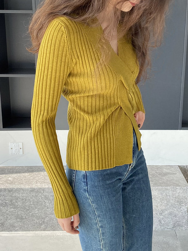 Knot Solid Color Long Sleeves Loose V-Neck Sweater Tops Pullovers