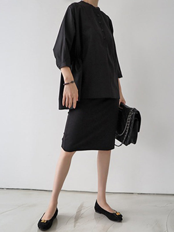 Simple Loose Round-Neck White Black Blouse
