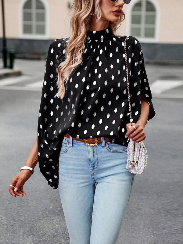 Bandage Polka Dot Loose Round-Neck Blouses&Shirts Tops