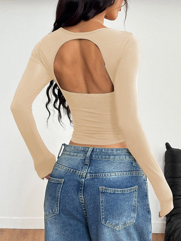 Backless Pleated Solid Color Long Sleeves Skinny Square-Neck T-Shirts Tops