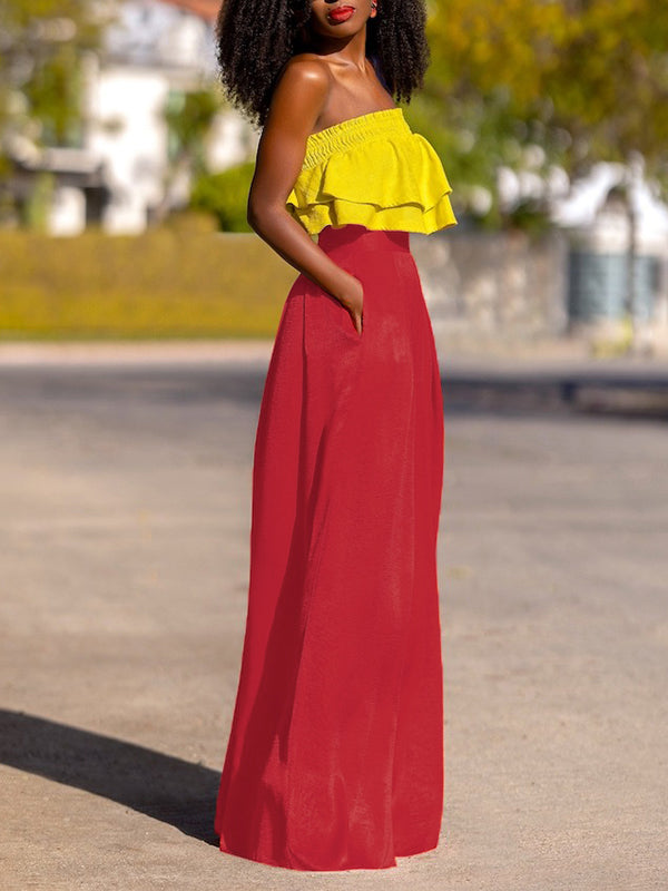 Pleated Pockets Shiny Solid Color High Waisted Loose Trousers Pants