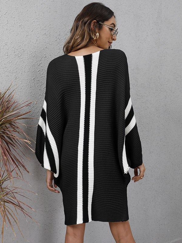 Original Loose 4 Colors Striped Round-Neck Batwing Long Sleeves Sweater Dress