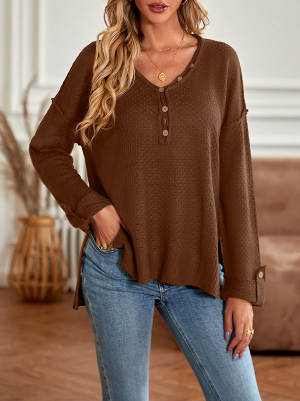 Buttoned Split-Side Long Sleeves Loose V-Neck Sweater Tops Pullovers