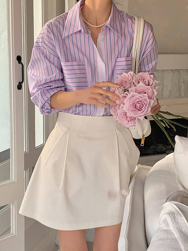 Buttoned Contrast Color Pockets Striped Long Sleeves Loose Lapel Blouses&Shirts Tops