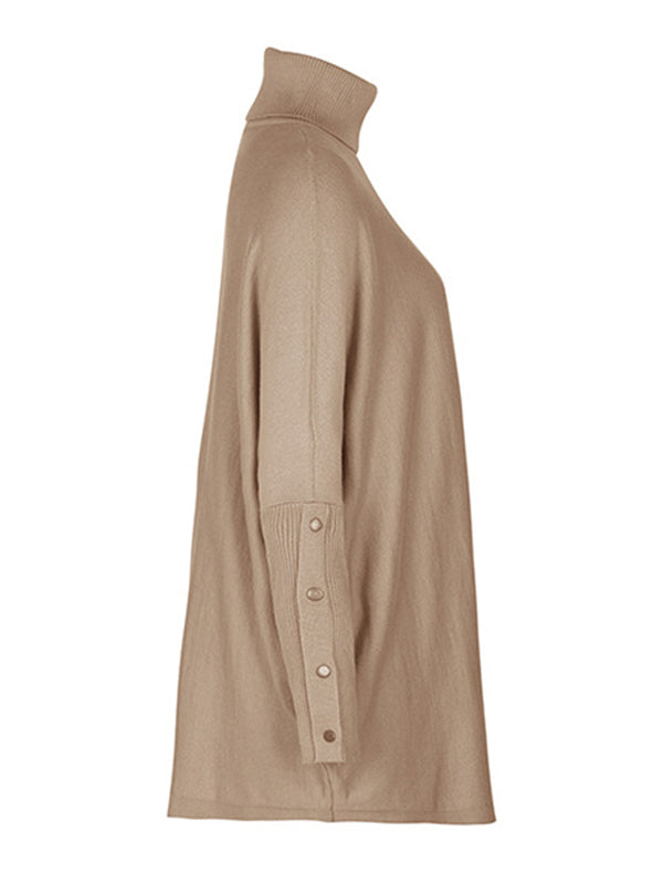 Buttoned Solid Color Split-Joint Batwing Sleeves Long Sleeves High Neck Sweater Tops Pullovers