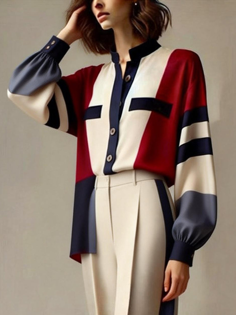 Buttoned Contrast Color Split-Joint Long Sleeves Loose Stand Collar Blouses&Shirts Tops