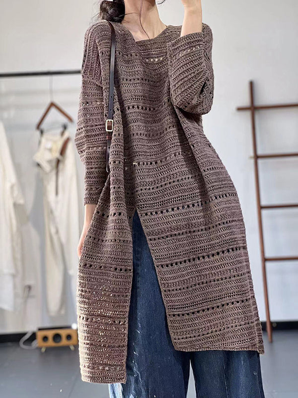 Hollow Solid Color Split-front Long Sleeves Loose Round-neck Sweater Tops