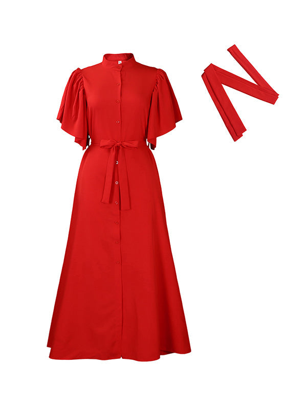 Pleated Solid Color Split-Joint Tied Waist Flared Sleeves Loose Stand Collar Shirt Dress Maxi Dresses