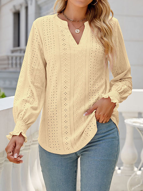 Elasticity Hollow Solid Color Long Sleeves Loose V-neck T-Shirts Tops
