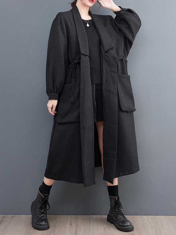 Drawstring Pockets Long Sleeves Loose Lapel Trench Coats