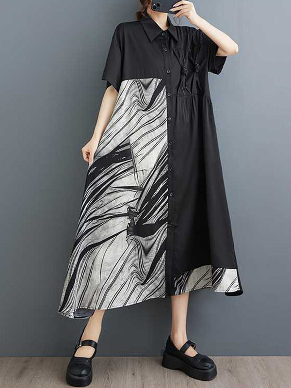 Asymmetric Buttoned Pockets Split-Joint A-Line Loose Lapel Shirt Dress Midi Dresses