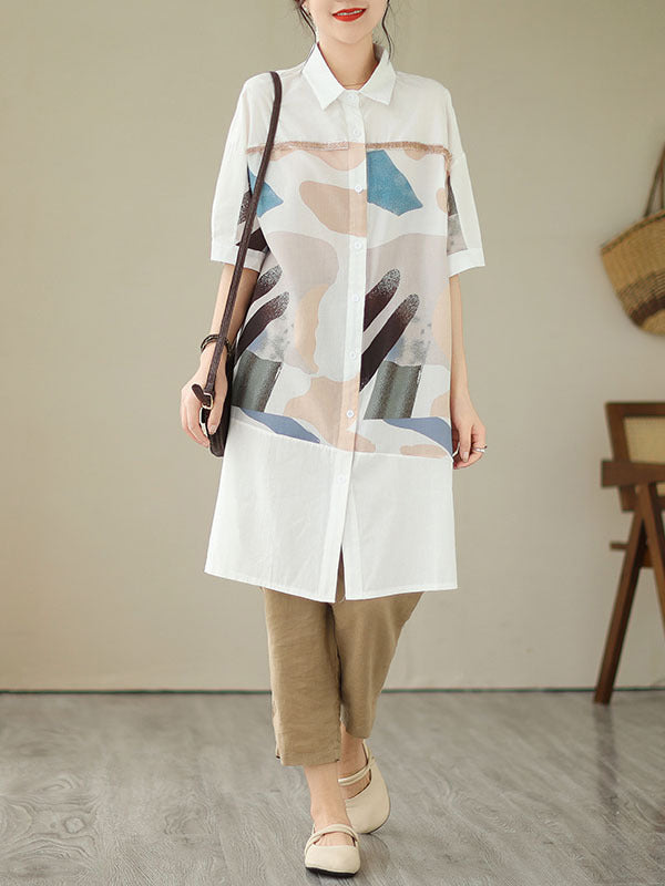 Printed Split-Joint Split-Side Loose Short Sleeves Lapel Midi Dresses