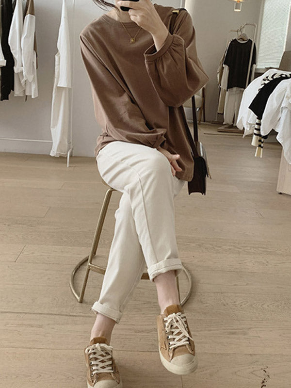 Pleated Solid Color Long Sleeves Loose Round-Neck T-Shirts Tops
