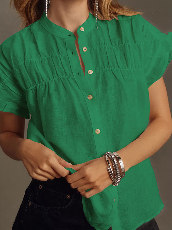 Pleated Ruffled See-Through Split-Joint Loose Short Sleeves Round-neck Blouses&shirts Tops