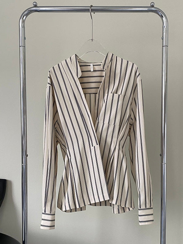 Original Creation Loose Long Sleeves Striped V-Neck Blouses&Shirts Tops