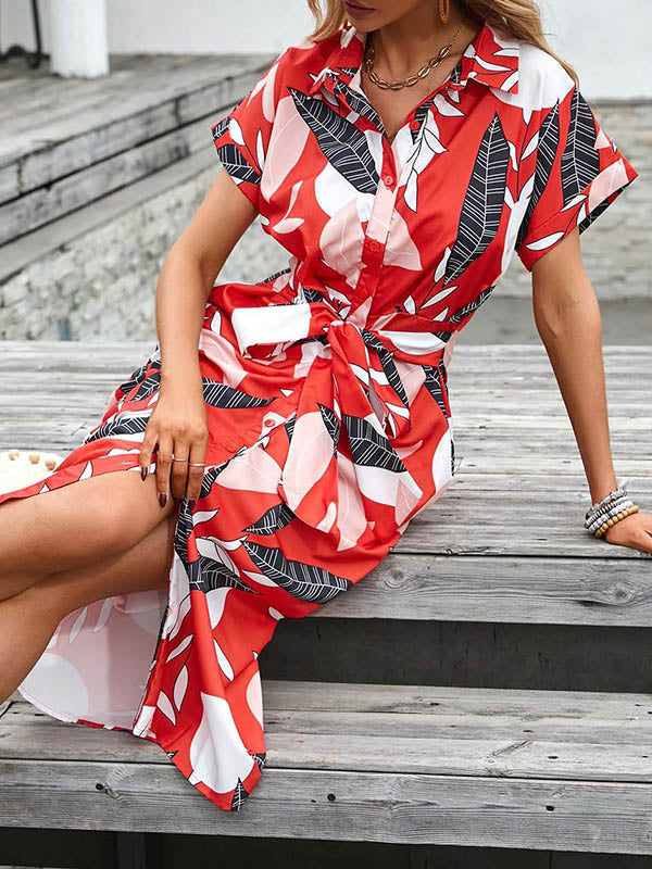 Buttoned Leaves Print Tied Waist Raglan Sleeve Short Sleeves Lapel Shirt Dress Midi Dresses