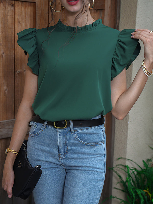 Hollow Solid Color Split-Joint Loose Ruffle Sleeves Round-Neck Blouses&Shirts Tops