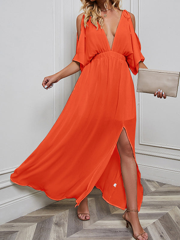 Solid Color Split-front Batwing Sleeves Loose Deep V-Neck Maxi Dresses