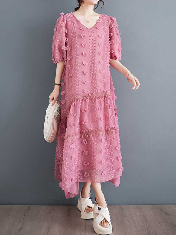 Elasticity Jacquard Solid Color Split-Joint A-Line Half Sleeves V-Neck Midi Dresses