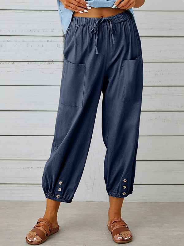 Buttoned Drawstring Elasticity Pockets Split-Joint High Waisted Loose Trousers Ninth Pants