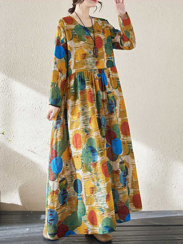 Pleated Polka-Dot Split-Joint A-Line Long Sleeves Round-Neck Maxi Dresses