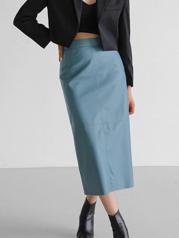 Solid Color Split-Back Split-Joint Skinny PU Skirts