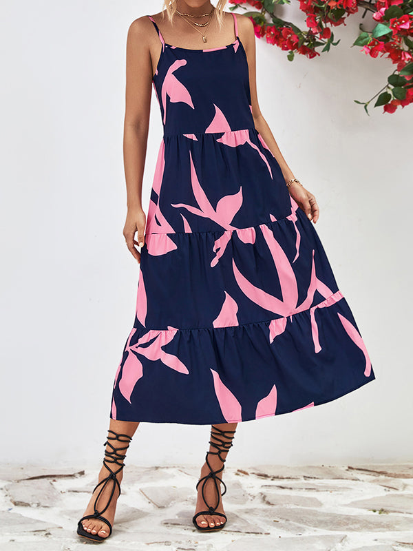 Contrast Color Floral Printed Loose Sleeveless Spaghetti-Neck Midi Dresses