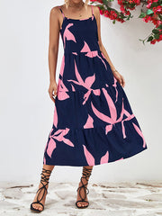 Contrast Color Floral Printed Loose Sleeveless Spaghetti-Neck Midi Dresses