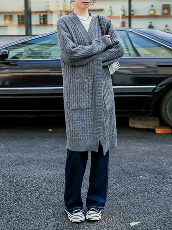 Pockets Solid Color Long Sleeves Loose Collarless Cardigan Tops