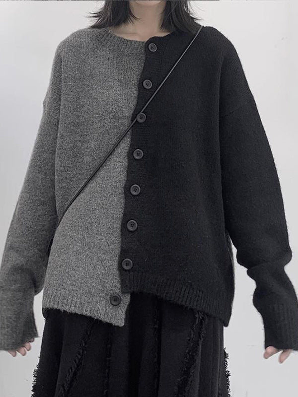 Asymmetric Buttoned Contrast Color Split-Joint Long Sleeves Loose Round-Neck Cardigan Tops