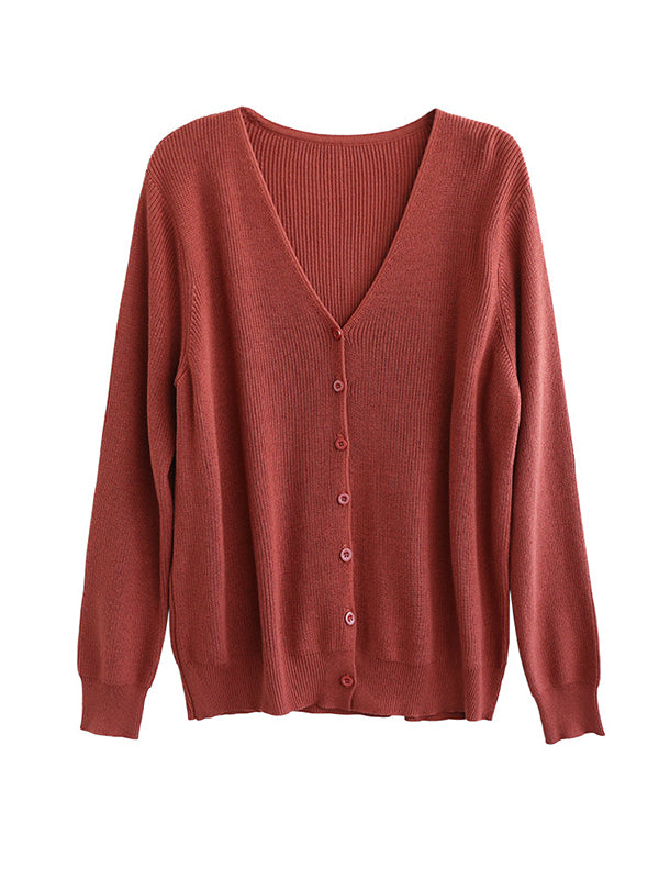 Solid Color Long Sleeves Loose V-Neck Cardigan Tops