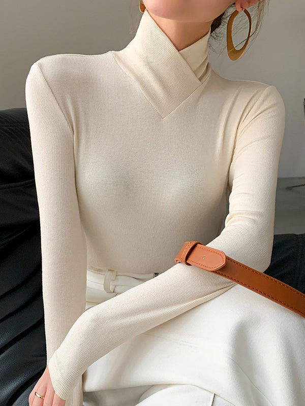 Simple Solid Color Stand Collar Long Sleeves T-Shirt