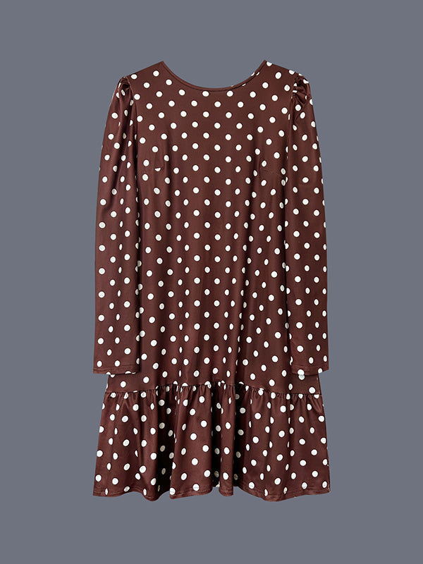Contrast Color Pleated Polka-Dot Split-Joint A-Line Long Sleeves Round-Neck Midi Dresses