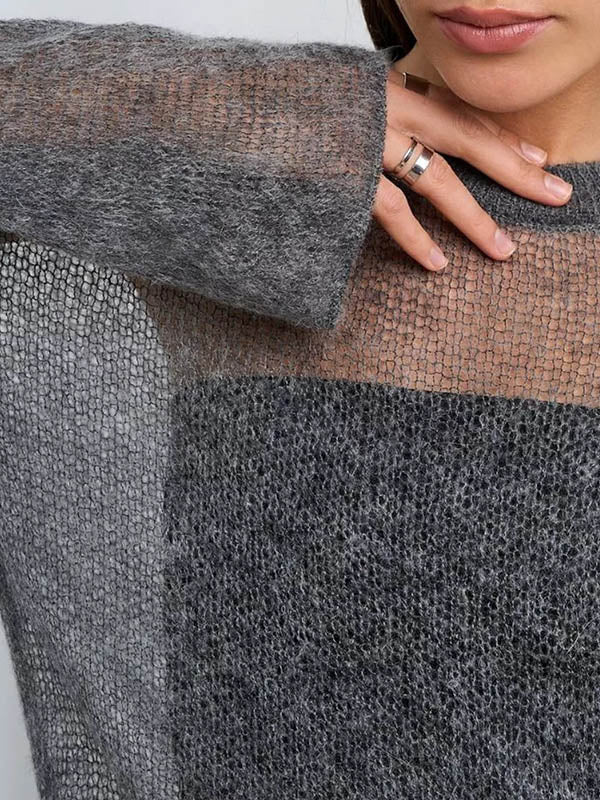 See-Through Solid Color Long Sleeves Loose Round-Neck Sweater Tops