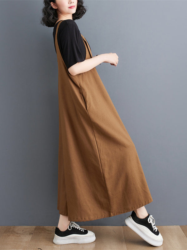 Buttoned Solid Color Ninth Pants Wide Leg Spaghetti-Neck Overalls